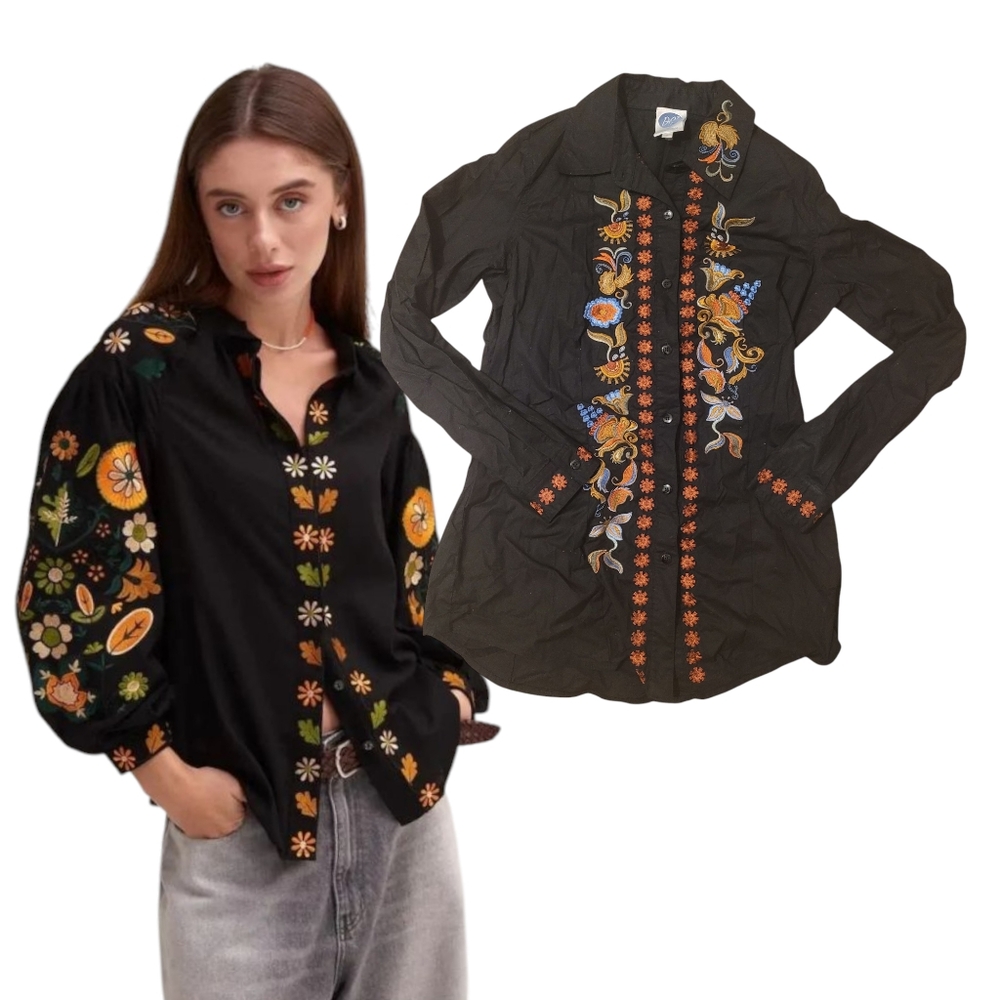 Western Embroidered western Black Floral Women's Top